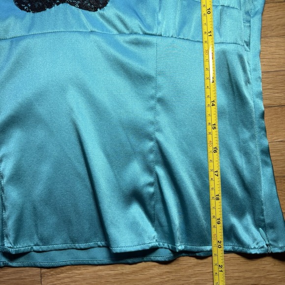 Vintage Y2K Silk & Lace Top M  Turquoise 3/4 Sleeve V-Neck Coquette FairyCore - Picture 9 of 11